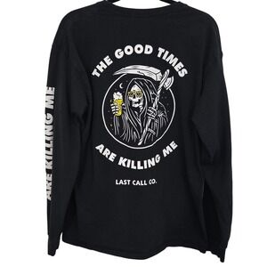 Last Call Co. Grim Reaper Long Sleeve T-Shirt L‎ Black Biker Bar Graphic Tee